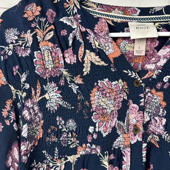 Knox Rose Blouse Shirt Top Womens Floral Button Up Rayon Large Navy Blue Pink - Picture 5 of 10